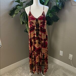 DKNY Maroons, tans, browns and black Tie-Dye Midi Dress